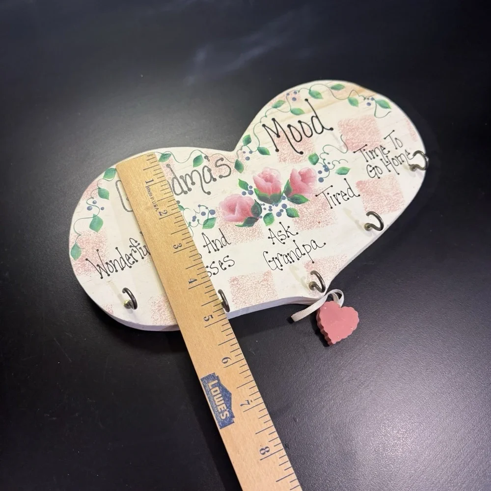 Vtg Hand Painted Wooden Heart Wall Plaque Grandma's Mood Granny Core
